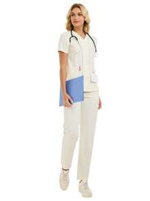 cimmuovere Women's Solid Color V-Neck Short Sleeve Scrub Top And Loose Straight Pocket Scrub Pants, Nurse Scrubs Workwear For Dentist, Healthcare, Pet Hospital, Laboratory - Apricot - View 6