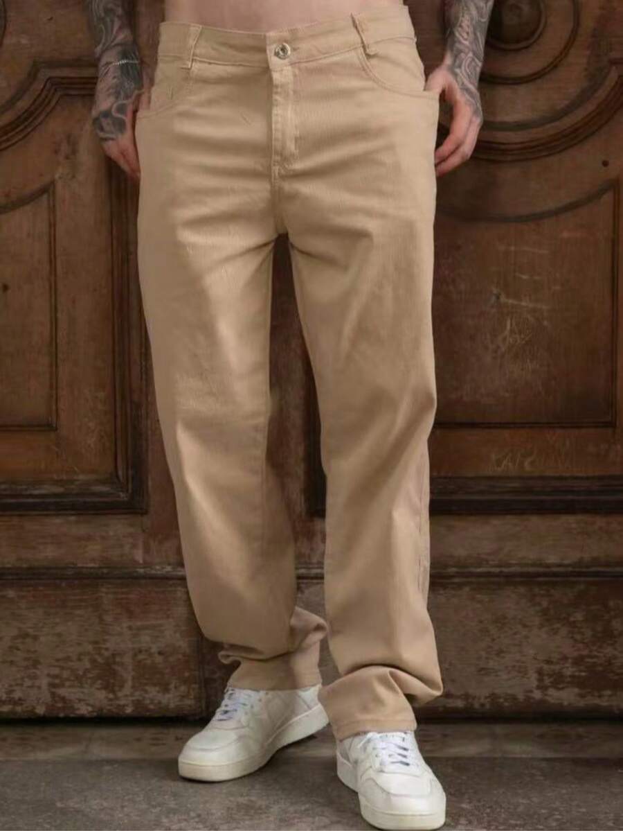 Men's Slim Fit Dress Twill Pants With Built-In Pockets And Lycra - Camel - View 1
