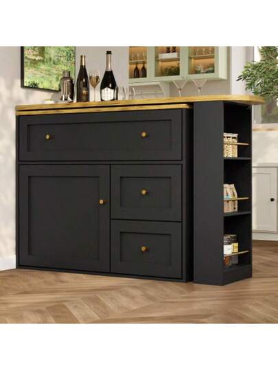 Extendable Bar Tafel Storage Space (138 204*39*105cm), Kitchen Cabinet, Sideboard Snack Shelf, Telescopic Table, High Bistro Isl Zwart view 6