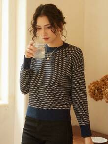 Knit Mix Allover Pattern Drop Shoulder Jumper - Navy Blue - View 6