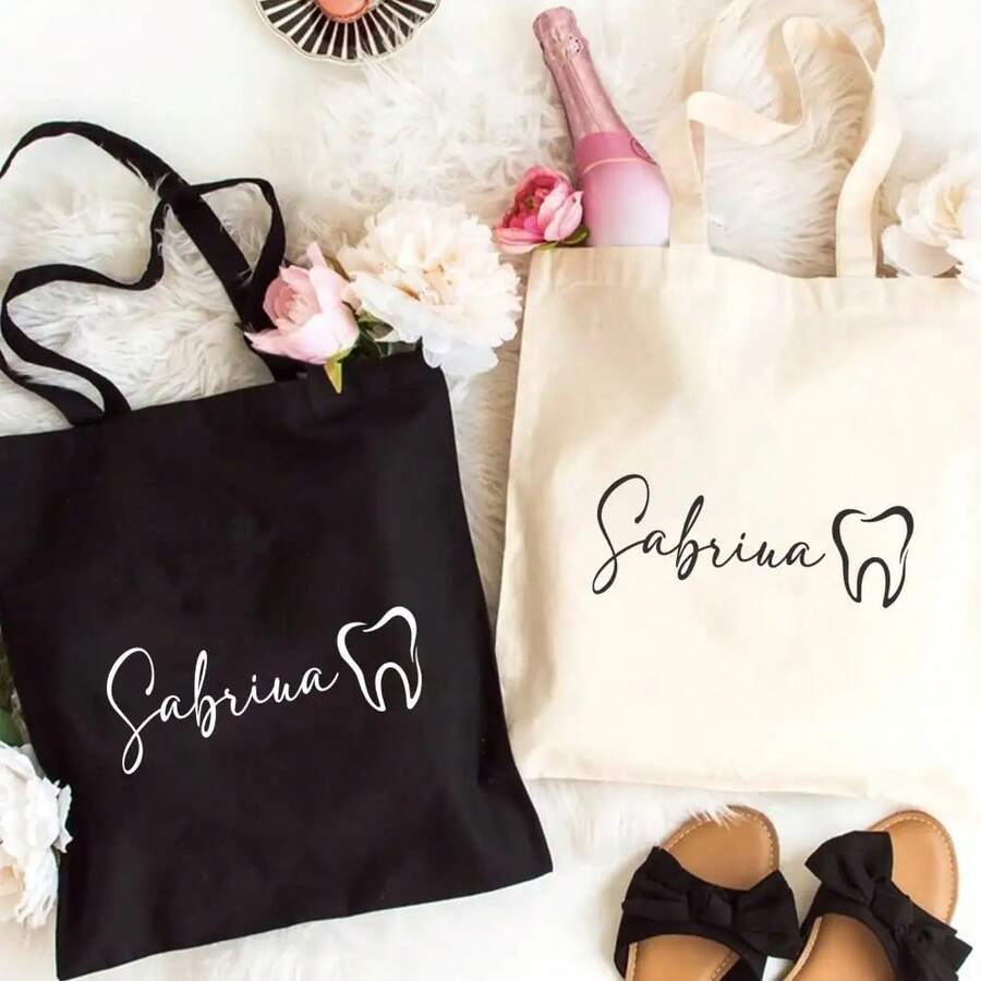 2D Flat, Custom Dental Tote Bag - Personalized Dentist & Hygienist With 2D Flat Print, Black With Golden Dental Design, Durable Polyester Dental Professionals, Dentist Gifts, Professional Carryall, Elegant Script Design, Highquality Print, 2D Flat - 白色 - 查看 1
