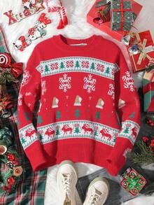 Suéter de Navidad Casual de Mujer  diseño divertido jacquard tejido verde copo de nieve reno árbol holgado cuello redondo manga larga invierno fiesta - Rojo - Ver 1