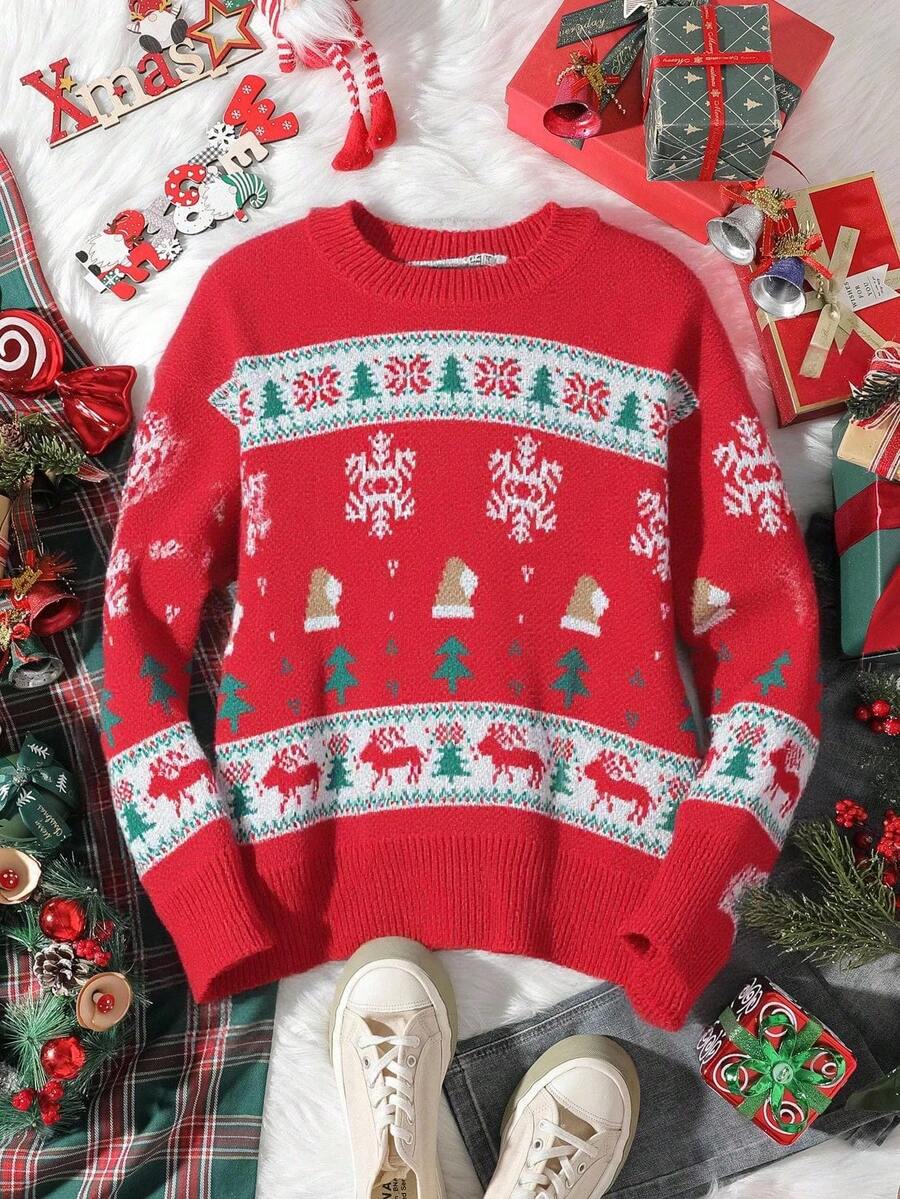 Suéter de Navidad Casual de Mujer  diseño divertido jacquard tejido verde copo de nieve reno árbol holgado cuello redondo manga larga invierno fiesta - Rojo - Ver 1