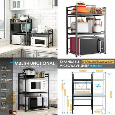 DOLALIKE Expandable Microwave Rack Countertop Kitchen Utensils Tableware Storage Carbon Steel 3 Tier Shelf With 3 Hooks