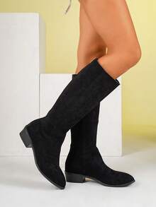 Chunky Heel Suede Over-The-Knee Boots For Girl, Back Zipper Long Shaft Fashion Boots - Black - View 4