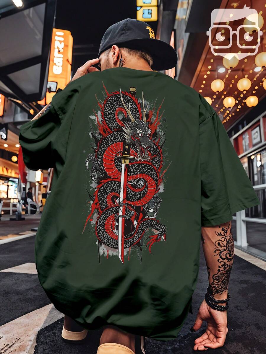 Oversized T-Shirt Japanese Dragon Samurai Sword Katana REF 7305 VEST NERD - Army Green - View 1