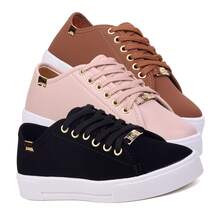 Kit 3 Pairs Women's Casual Flatform Love Basic Sneakers Plain High Sole Lace-Up - 黑色/糖果色/焦糖色 - 查看 9