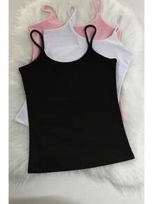 Kit 3 Women's Suplex Ribbed Tank Top With Thin Straps, Ribbed Blouse, Summer Stylish, Fashion Blogger Colors, Summer - 黑色/白色/粉紅色 - 查看 1