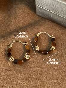 1 对复古优雅高端独特棕色方形虎眼串珠设计时尚百搭环形耳环，适合女性日常、通勤、节日、派对