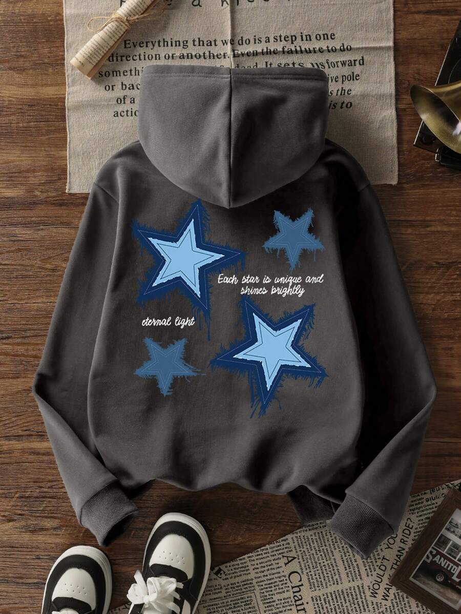 1pc Tween Girl Thermal Lined Thick Warm Star Print Hoodie Sweatshirt, Young Student Clothing, Suitable For Kids Autumn/Winter Long Sleeve Top, Y2K/Casual/Stylish/Daily/Streetwear/Holiday/School/Girly/Cute - Dark Grey - View 1