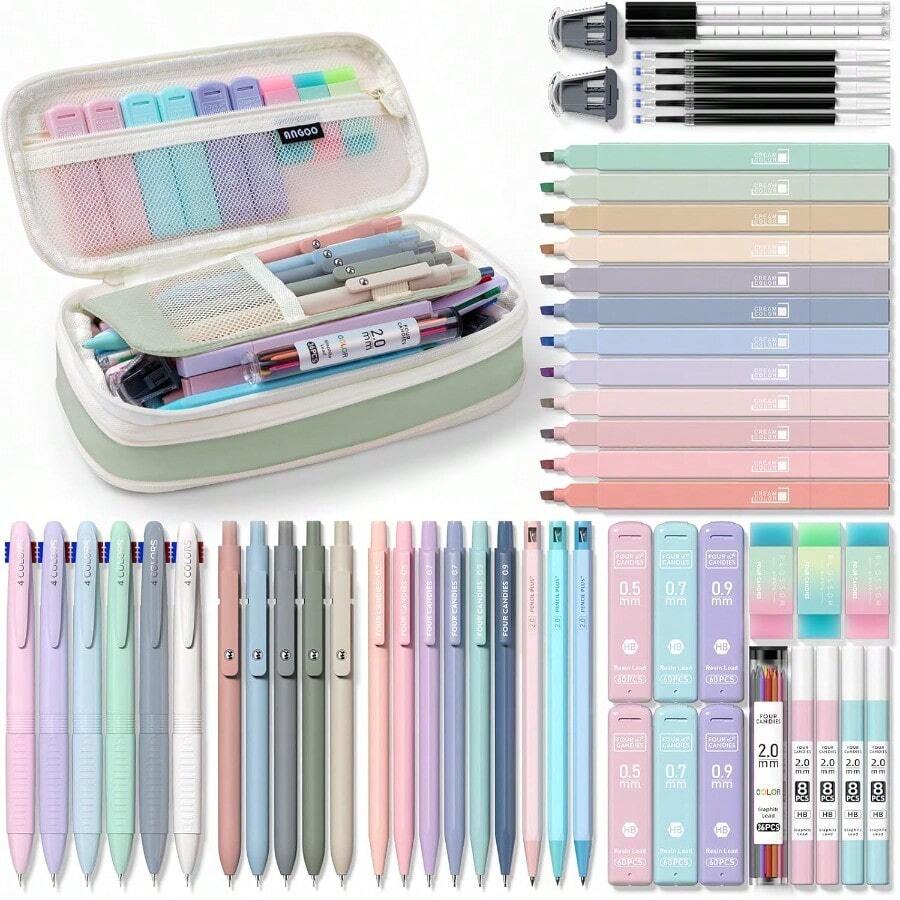56 PCS Aesthetic School Supplies With Large Pencil Case 6 Colored Ballpoint Pens 12 Pastel Highlighters 5 Black Ink Gel Pens 9 Mechanical Pencils 0.52.0mm Student Essentials Green