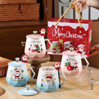 1pc Christmas Ceramic Cup, Cute Santa Claus Mug With Lid And Spoon, Gift Box, Suitable For Friends, Home Coffee Cup