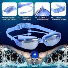 Equipo de gafas de natación 5 en 1: gafas de natación antivaho con protección UV con gorro de natación, tapones para los oídos, clip para la nariz, estuche para gafas para adultos y jóvenes - Azul - Ver 3