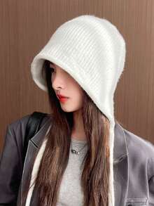 1 pieza Sombrero de cubo de punto para mujer de otoño/invierno, gorro de protección de orejas de unicolor y versátil de piel de conejo cálido, adecuado para salidas, compras, fiestas, regalo - Multicolor - Ver 2