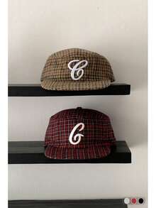 Embroidered Letter Plaid Flat Brim Baseball Cap, Versatile Petite Face Flattering Baseball Cap, Niche Fashionable Streetwear Hip Hop Cap, Unisex Retro Embroidered Flat Top Baseball Hat, Minimalist Versatile Fashionable Unisex Korean Style Duck Tongue Sun Protection Cap