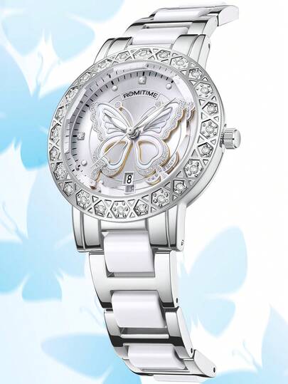 GUANQIN 1 szt. Wodoodporny zegarek ze świecącymi elementami z motylkowym wzorem, cyrkoniami, tarczą kalendarza, odpornym na zużycie paskiem ze stali nierdzewnej i ceramiki, modnym, biznesowym, luksusowym, sportowym, klasycznym, prostym i swobodnym, mechanicznym stylem, automatycznym zegarkiem kwarcowym, odpowiednim na Halloween, Boże Narodzenie, dla studentów, na festiwale, randki, do pracy, na co dzień, na prezenty