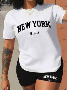 Conjunto set paquete pack 2 piezas dama mujer playera camiseta blusa gráfica manga corta cuello redondo shorts leggings biker cortos básico casual estampado ciudades new york NY nueva york - Blanco - Ver 6