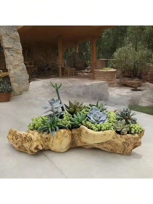 1 قطعة من أصص الزراعة الزخرفية الكبيرة المصنوعة من الراتنج والخشب، مناسبة لزراعة النباتات الصبارية والكاكتوس - أصيص ترتيب إبداعي من مادة ABS، بنهاية ملمس خشبي طبيعي، مثالي لعرض النباتات الداخلية (النباتات غير مشمولة)، أصيص زخرفي | سطح ملمسي | نهاية خشبية واقعية