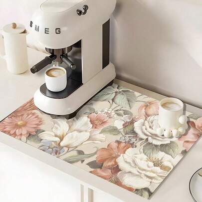 1 件家居装饰，花朵图案干燥垫，花卉元素，粉色花朵，复古软橡胶吸水杯垫，防滑耐用，适用于咖啡机、宠物、台面、餐桌、露台装饰、厨房配件