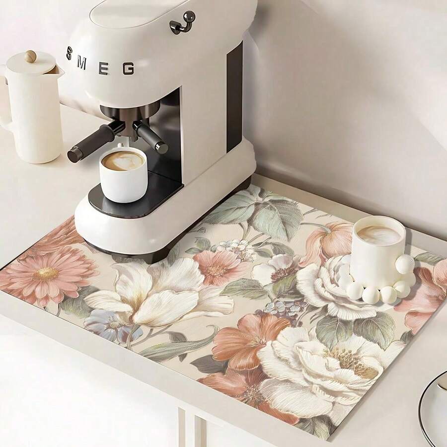 1 pieza Decoración del hogar, Felpudo de secado con estampado floral, Elemento floral, Flores rosas, Posavasos absorbentes de goma suave retro, Antideslizante y duradero para cafetera, mascotas, encimera, mesa de comedor, decoración de patio, accesorio de cocina - Multicolor - Ver 1