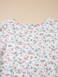 Acelitt Spring And Autumn Women's White Flower Printed Texture Square Neck Slimming Long Sleeve Top