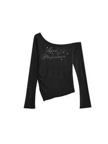 女士新款长袖T恤，修身性感露肩上衣，适合初秋穿着 - 黑色 - 查看 4