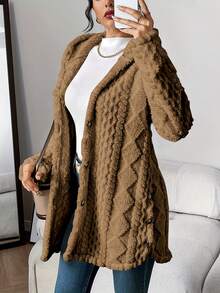 Women's Beige Fuzzy Hooded Cardigan, A Stylish & Ultra - Cozy Hot Outfit Featuring Soft Textured Fabric For Exceptional Warmth, Button - Front Design And Hooded Silhouette For Versatile Layering, Perfect For Creating Effortlessly Chic Casual Looks When Paired With Tees Or Turtlenecks In Women's Clothes | Tops For Women - 棕色 - 查看 1