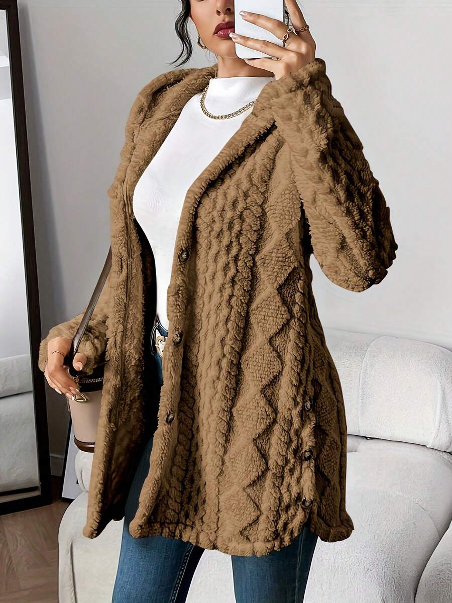 Women's Beige Fuzzy Hooded Cardigan, A Stylish & Ultra - Cozy Hot Outfit Featuring Soft Textured Fabric For Exceptional Warmth, Button - Front Design And Hooded Silhouette For Versatile Layering, Perfect For Creating Effortlessly Chic Casual Looks When Paired With Tees Or Turtlenecks In Women's Clothes | Tops For Women - 棕色 - 查看 1