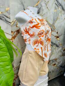 One Size Shirt Set With Tie At The Back And Print, Shorts With Zipper And No Pocket - Light Yellow - View 2
