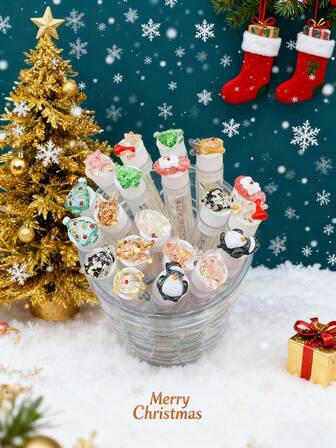 1/3/5/7支装圣诞透明卡通图案睫毛刷眉刷便携式管状睫毛膏刷，带透明盒，雪花、驯鹿、拐杖糖、铃铛图案，眉刷、眼影刷、螺旋刷