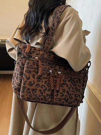 1 件豹纹灯芯绒女士手提包，时尚，大容量，多口袋，可拆卸可调节肩带，适合休闲、购物、旅行、商务、校园、派对、礼物