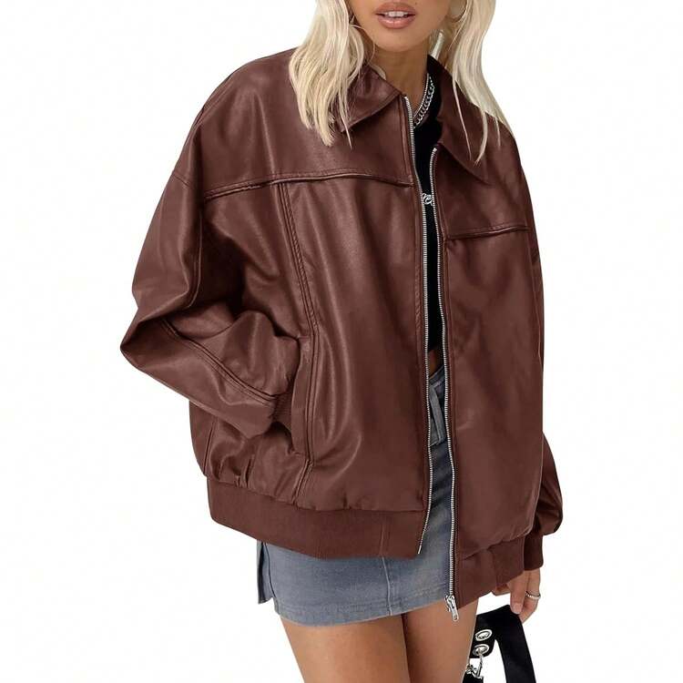 Womens Faux Leather Jackets Oversized Bomber Casual Fall Fashion Zip Up Moto Biker Coats - Kaffe - Visa 3