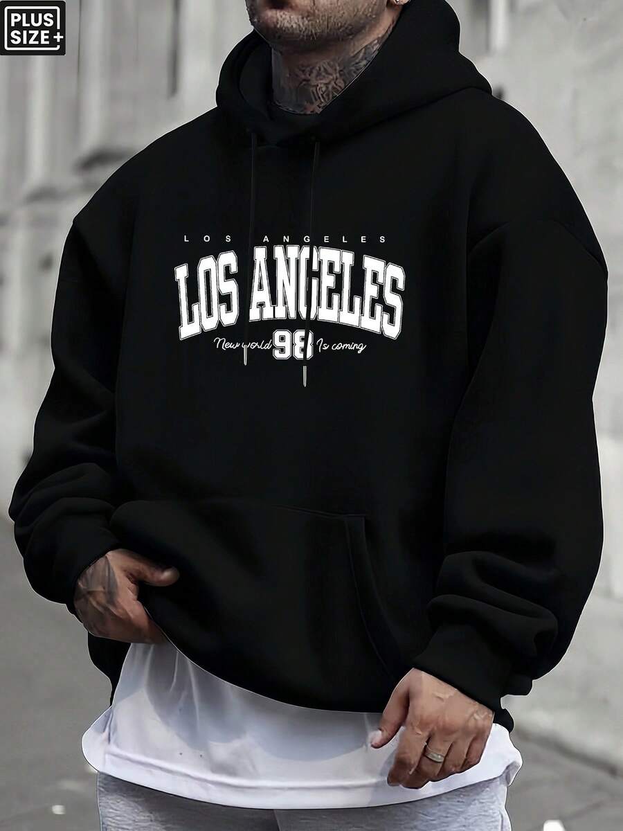 Men's Heavyweight Hoodie - Black Pullover Sweatshirt With Los Angeles Graphic Print, Relaxed Fit Big & Tall Sizes, All-Season Casual Streetwear For Everyday & Special Occasions, Urban Fashion, Bold Print Design, Quality Stitching, Hooded Sweater, Street Style Lovers, PLUS SIZE - màu đen - Xem 1