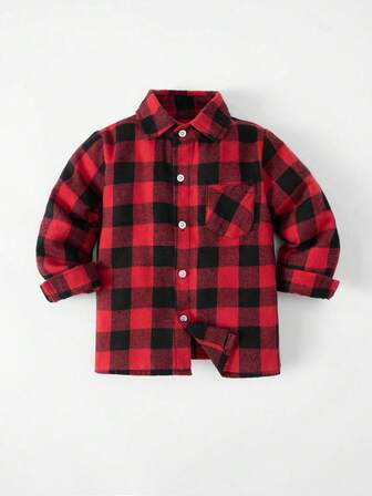 Young Boy Classic Street Style Red & Black Plaid Long Sleeve Shirt