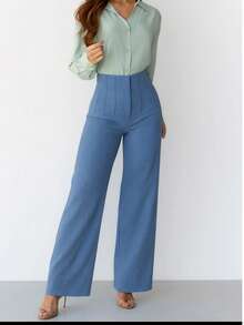 Pantalón con pinzas acampanado de pierna ancha y cintura alta para mujer, estilo casual elegante, con detalles de cremallera y tejido elástico para mayor comodidad. - Lavado ligero - Ver 2