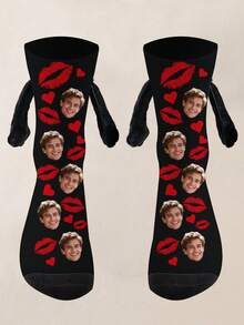 Face Socks 1 Pair Of Customized Face Men's Holding Hands Series Medium Socks, Put Any Face On The Socks, Personalized Socks With Photos, Interesting Customized Pictures With Medium Stockings, Suitable For Valentine's Day, Birthday, Gift Giving And Other Occasions, Personalized - Multicolor - View 3