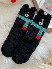 1 双女士舒适纯色温暖柔软毛绒绒围巾缝线熊刺绣舒适蓬松踝袜长袜