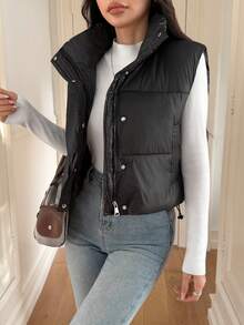 Chaleco sin mangas para mujer, de unicolor, con cuello alto, cálido y de moda, con diseño de botones delanteros, corto y sexy de estilo romántico, para otoño/invierno