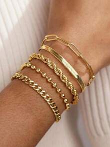 5pcs Minimalist Multi-Layer Chain Bracelet, Bohemian Metal Chain Jewelry Set For Women