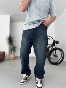 男士水洗海军蓝宽松直筒牛仔裤，百搭秋季 - 深色水洗藍 - 查看 1