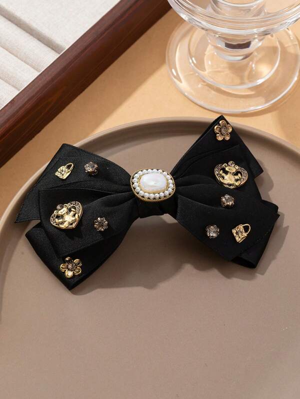1pc Elegant Black Bowknot Design Hair Clip With Rhinestone Decor, Suitable For Daily Wear, Festivals, Dates, Gifts, Cute Accessories, Looks Of Party, Claw Clips