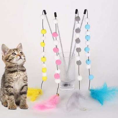 4pcs Multicolor Teasing The Cat Stick The Rod Shape Consists Of Colorful Balls And A Feather Tail Indoor Interactive Cat Toy Durable Polyester Materia