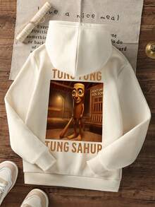 1件青少年男童休闲印花套头卫衣，保暖内衬，长袖，秋冬季 - 杏色 - 查看 3