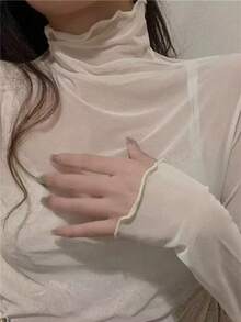 Blusa transparente de malla con cuello alto sexy para mujer, jersey ajustado de manga larga - Albaricoque - Ver 10