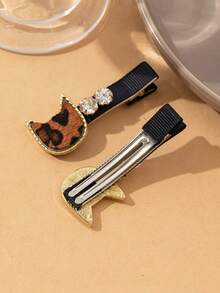 2pcs/Set Cute Brown Cat Ear Shaped Crystal Decor Hair Clips, Suitable For Daily Wear, Festivals, Dates, Gifts, Looks Of Party