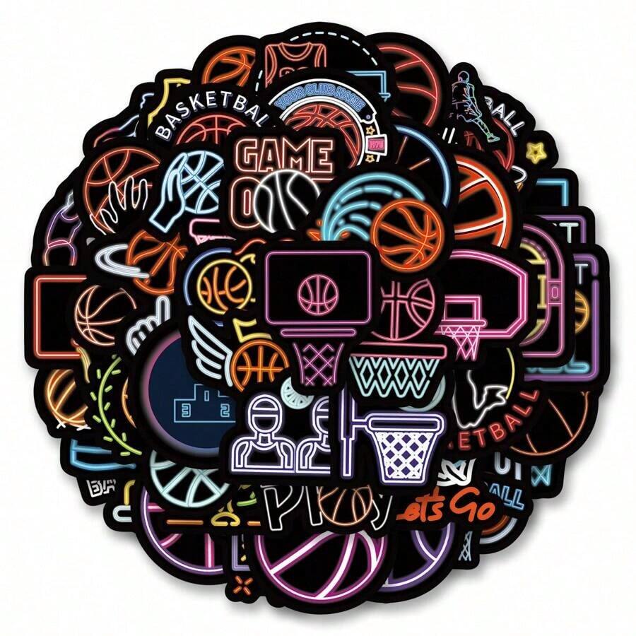 50pcs/Pack Cute Neon Basketball Retro  Aesthetic Doodle Stickers, Adorable Cartoon Fun Aesthetic Label Stickers For Scrapbooking, Self-Adhesive Stationery, Cards, Envelopes, Guitars, Decorations, Gifts For Teens, Parties, Rewards, Encouragement, New Year, Winter 0TNI - 彩色 - 查看 1