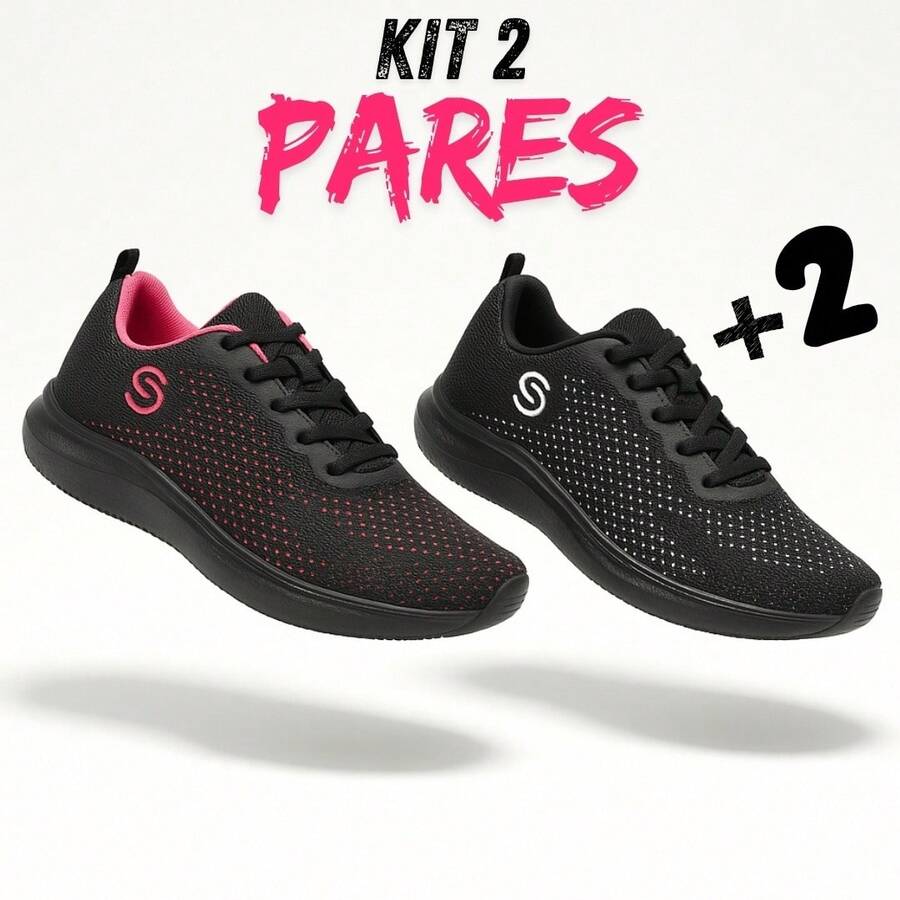 Kit 2 Pares Tênis Feminino Casual Leve e Confortável para Caminhada e Academia