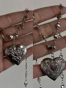 浪漫心形吊坠项链，可打开的不锈钢相框，男女皆宜，情人节、母亲节礼物 - 銀色 - 查看 12