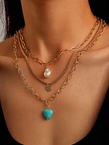 1pc Multi-Layer Necklace Set With Green Heart Turquoise & Pearl Pendant, Bohemian Style