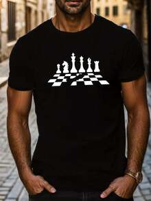 Camiseta Casual de Hombre con Estampado de Ajedrez, Poliéster Transpirable, Cuello Redondo, Manga Corta, Perfecta para el Verano, regalo perfecto para el Día del Padre, también es un regalo perfecto para amigos y la otra mitad. - Negro - Ver 1